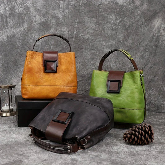 Sac à bandoulière en cuir véritable de couleur unie de style vintage